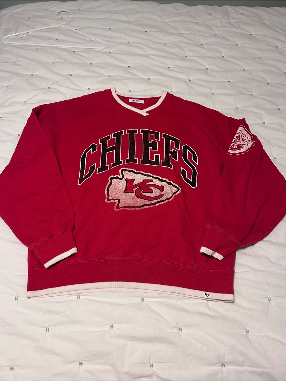47 Men’s Kansas City Chiefs Red V-Neck Sweatshirt with White Trim